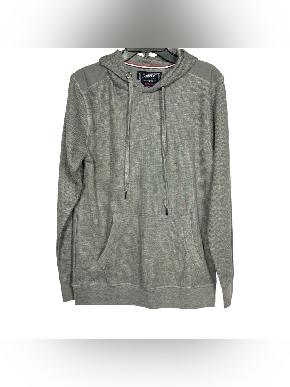 Company 81 Mens Medium Gray Waffle Knit Pullover Hoodie Contrast Shoulder Patch